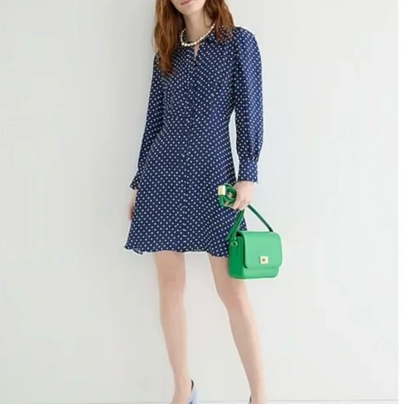 J Crew Cupro Shirt Dress In Becklow Dot Long Sleeve Button Front Collared Size 8 - Picture 1 of 12